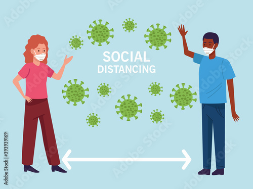 interracial couple wearing medical masks with arrow social distance