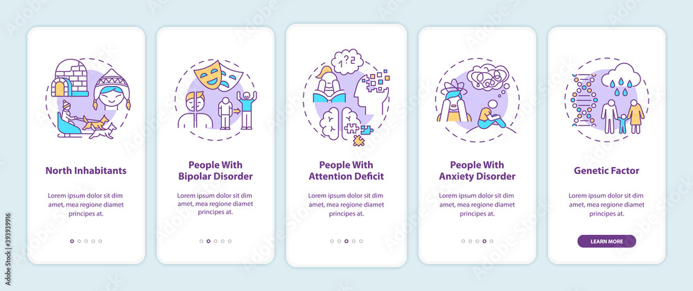 SAD risk groups onboarding mobile app page screen with concepts. North inhabitants, attention deficit walkthrough 5 steps graphic instructions. UI vector template with RGB color illustrations SAD risk groups onboarding mobile app page screen with concepts. North inhabitants, attention deficit walkthrough 5 steps graphic instructions. UI vector template with RGB color illustrations