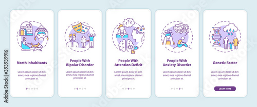 SAD risk groups onboarding mobile app page screen with concepts. North inhabitants, attention deficit walkthrough 5 steps graphic instructions. UI vector template with RGB color illustrations photo