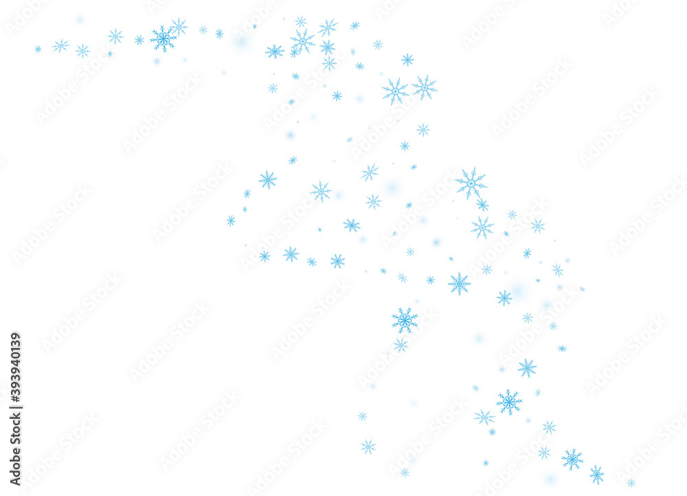 Snowflakes. Snow, snowfall. Falling scattered blue snowflakes on a white background. Vector