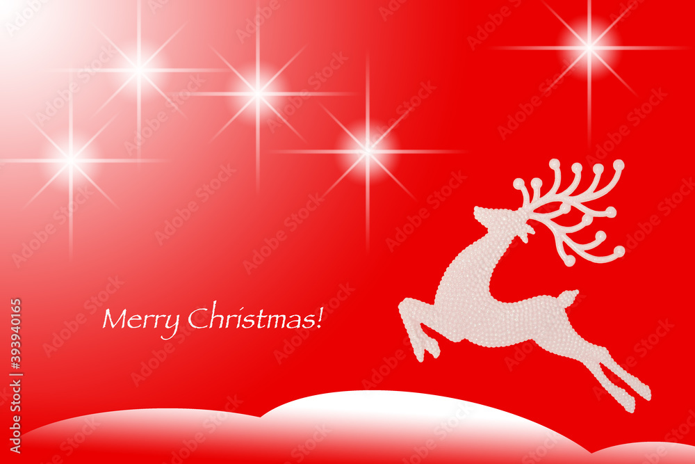 Merry Christmas card with a reindeer running on the snow in the night. A red sky with stars. Merry Christmas card with a reindeer running on the snow in the night. A red sky with stars.