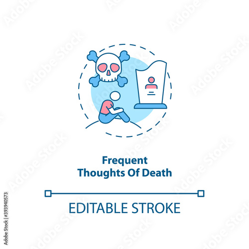 Frequent death thoughts concept icon. SAD symptom idea thin line illustration. Depressed mood. Suicidal ideation. Death anxiety. Vector isolated outline RGB color drawing. Editable stroke