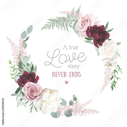 Greenery, burgundy red and white peony, blush rose flowers vector design round invitation frame
