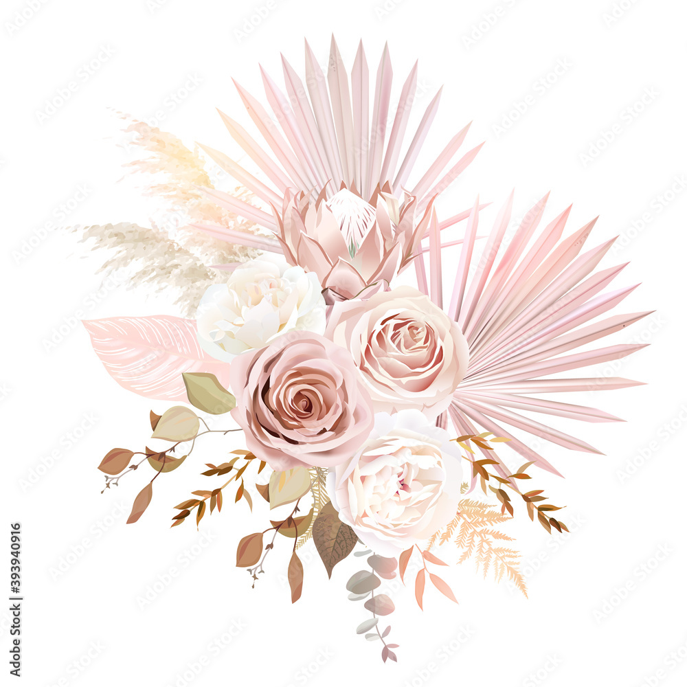 Vettoriale Stock Trendy dried palm leaves, blush pink rose, pale protea,  white ranunculus | Adobe Stock