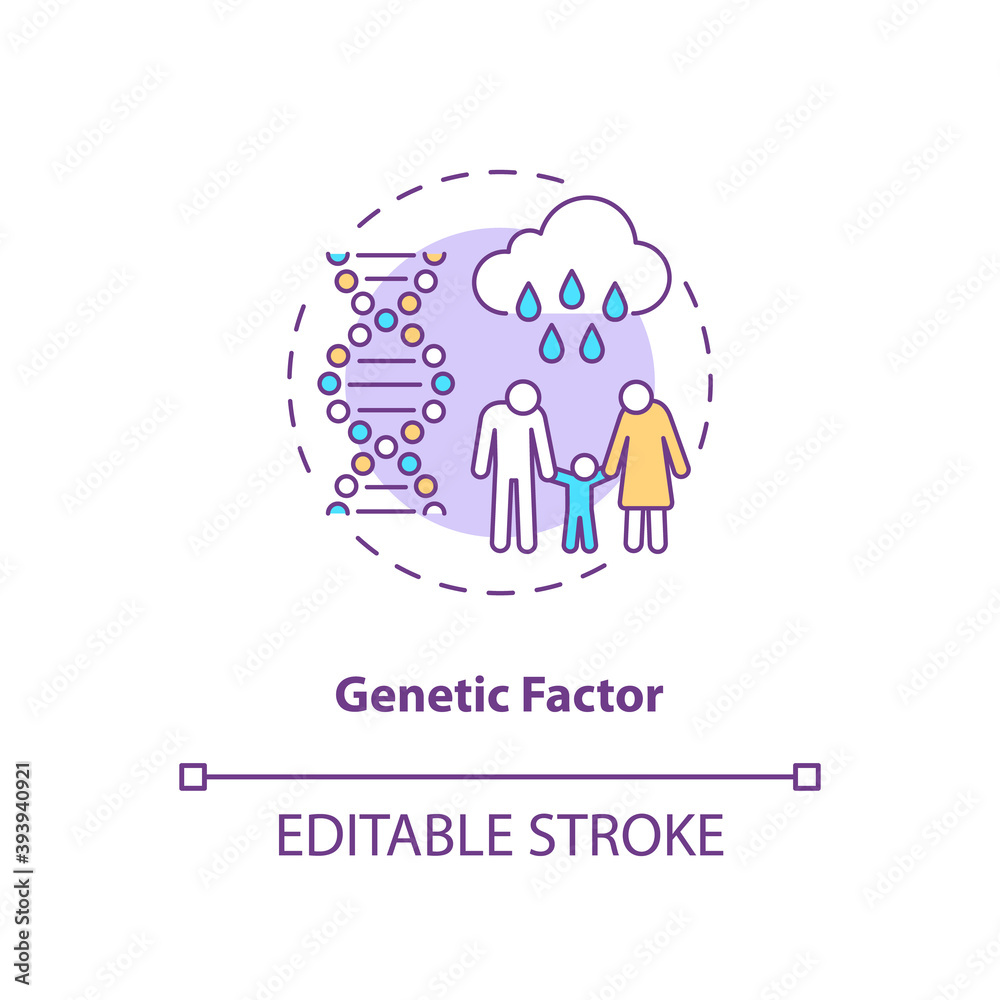 Genetic factor concept icon. SAD risk group idea thin line illustration. Seasonal affective disorder. Inheritance in families. Vector isolated outline RGB color drawing. Editable stroke Genetic factor concept icon. SAD risk group idea thin line illustration. Seasonal affective disorder. Inheritance in families. Vector isolated outline RGB color drawing. Editable stroke