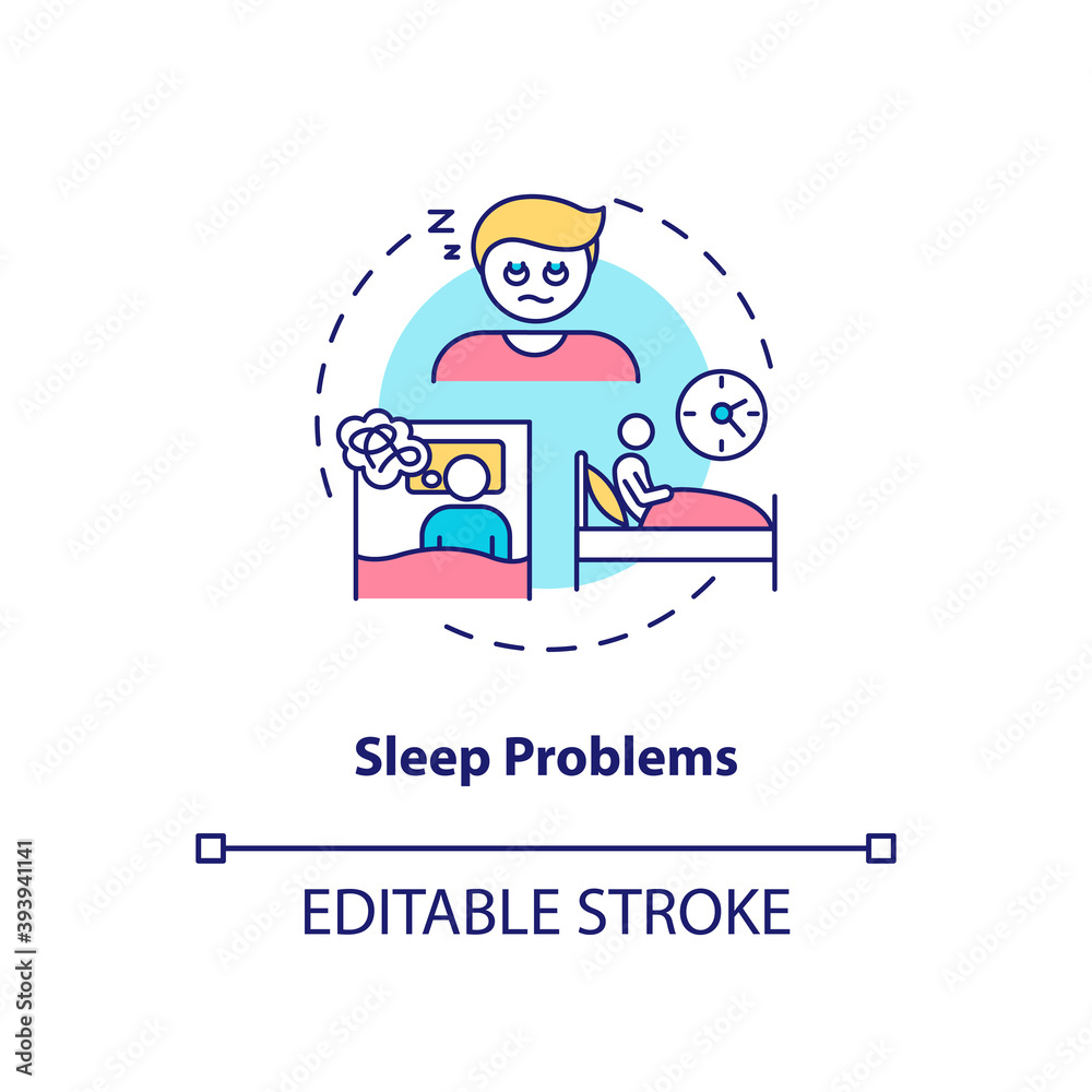 Sleep problems concept icon. Antidepressants side effect idea thin line illustration. Insomnia, night terrors. Stress, jet lag. Vector isolated outline RGB color drawing. Editable stroke Sleep problems concept icon. Antidepressants side effect idea thin line illustration. Insomnia, night terrors. Stress, jet lag. Vector isolated outline RGB color drawing. Editable stroke