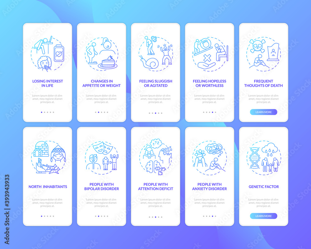 SAD signs onboarding mobile app page screen with concepts set. Winter blues high-risk groups walkthrough 5 steps graphic instructions. UI vector template with RGB color illustrations