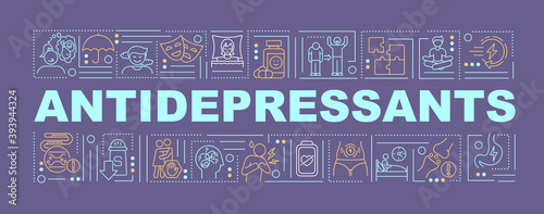 Antidepressants concepts banner. Medicine for people with depression problem. Infographics with linear icons on purple background. Isolated typography. Vector outline RGB color illustration