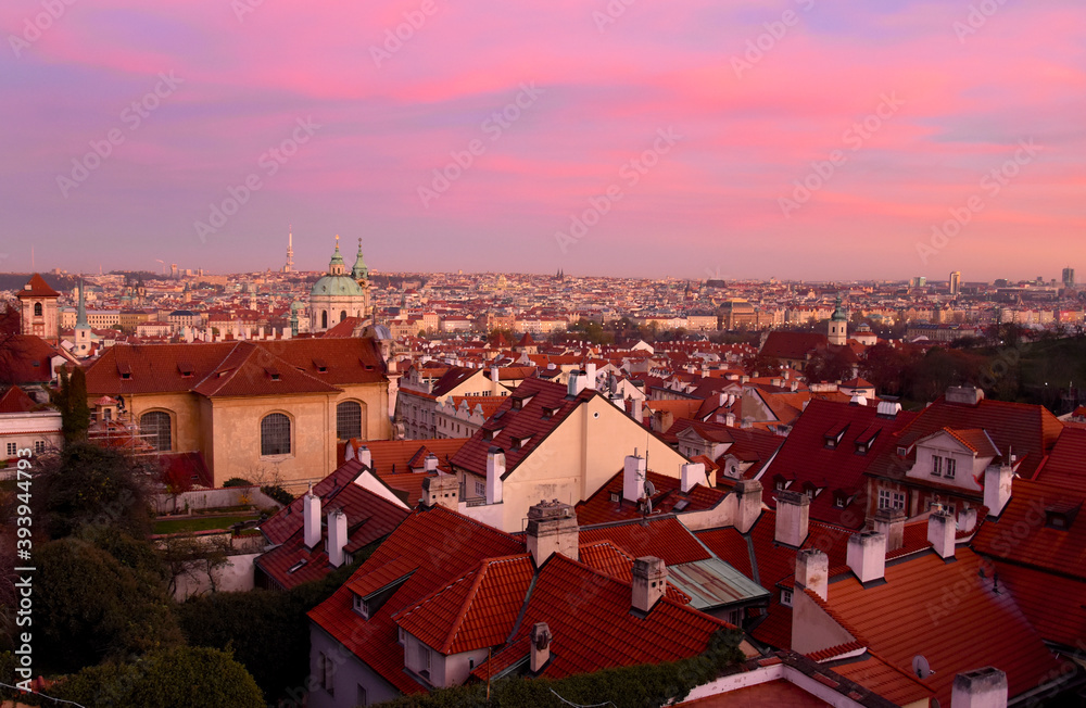 Purple sunset over Prague city Czech Republic stock images. Evening Prague old town stock images. Old Prague street at sunset stock images. Ancient architecture in Europe. Mysterious Prague images