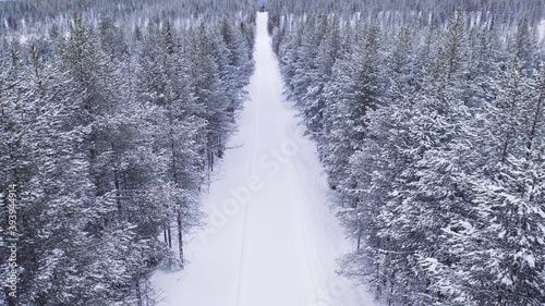 Aerial view from drone of nature landscape capped with snow and surrounded by coniferous forest, bird’s eye view of of snowy trees in national park of north Lapland in winter, road without cars