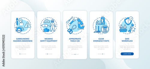 Workplace safety elements onboarding mobile app page screen with concepts. Wearing safety equipment walkthrough 5 steps graphic instructions. UI vector template with RGB color illustrations