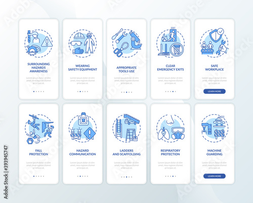 Workplace safety onboarding mobile app page screen with concepts set. Wearing safety equipment walkthrough 10 steps graphic instructions. UI vector template with RGB color illustrations