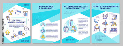 Safety complaints filing brochure template. Confidential whistleblower. Flyer, booklet, leaflet print, cover design with linear icons. Vector layouts for magazines, annual reports, advertising posters