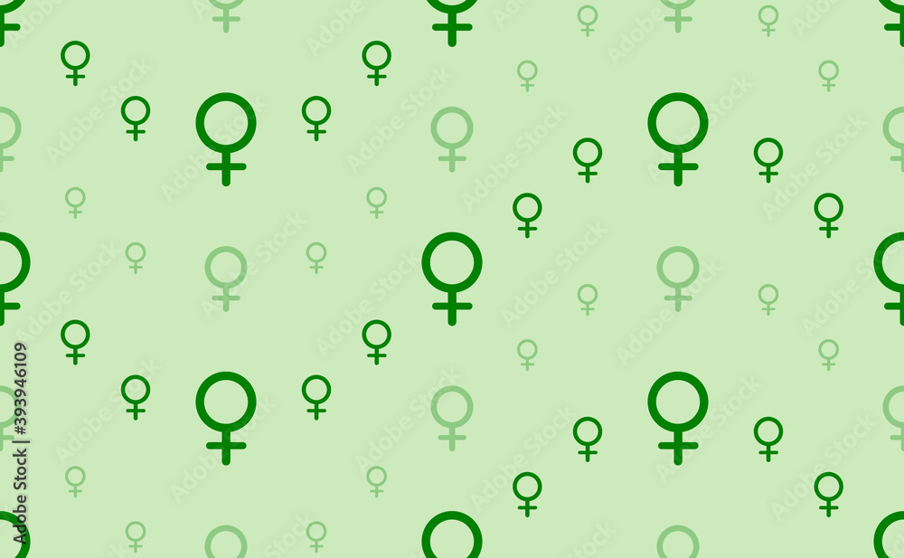 Seamless pattern of large and small green venus symbols. The elements are arranged in a wavy. Vector illustration on light green background