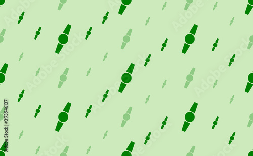Seamless pattern of large and small green wristwatch symbols. The elements are arranged in a wavy. Vector illustration on light green background