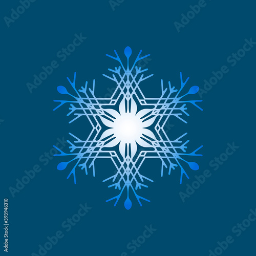Decorative vector Christmas blue and white snowflake isolated on dark blue contrasting background to decorate New Year holiday 