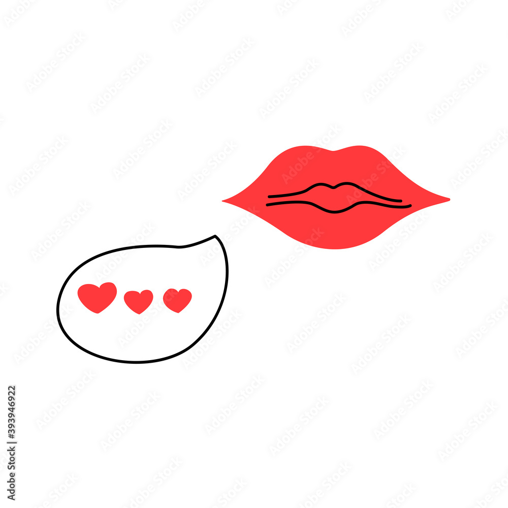 Red lips and speech bubble. Red hearts. Valentines Day. Confession of feelings. Vector isolated illustration doodle hand drawn. The 14th of February. Icon or sign Red lips and speech bubble. Red hearts. Valentines Day. Confession of feelings. Vector isolated illustration doodle hand drawn. The 14th of February. Icon or sign