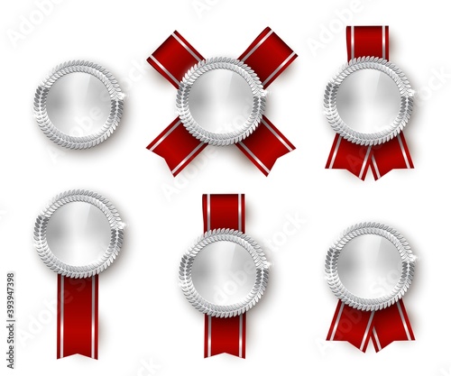 Award medal 3d realistic vector color illustration set. Reward, silver medals with red ribbons. Certified product. Quality badges, emblems with red ribbon. Winner trophy. Isolated design element set.