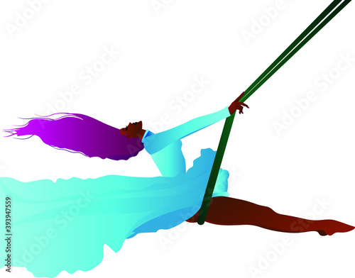 lovely girl in a charming dress on a swing stretching her legs and filled with wind