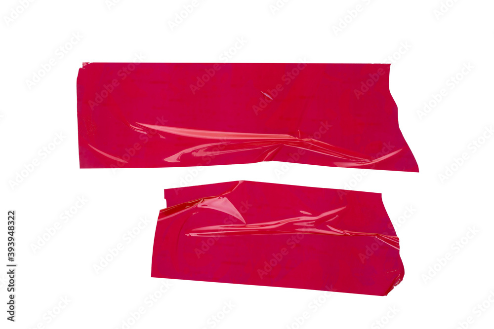 Pieces of red scotch tape isolated on white background.