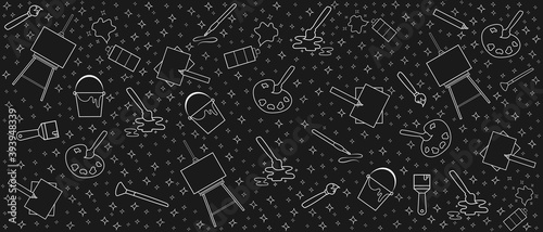 Dark background with art themed doodles. Art classes concept. Art school. Hand drawn Vector.