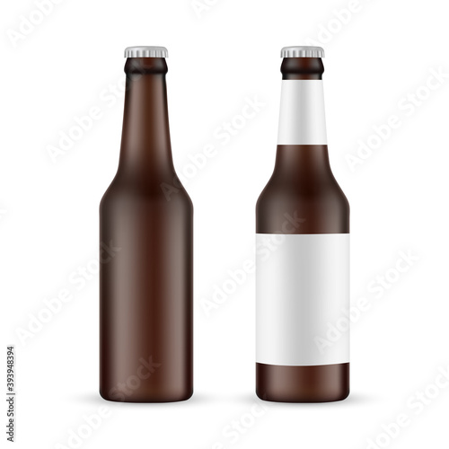Brown Glass Beer Bottle With Label and Blank Mockup Isolated on White Background. Vector Illustration