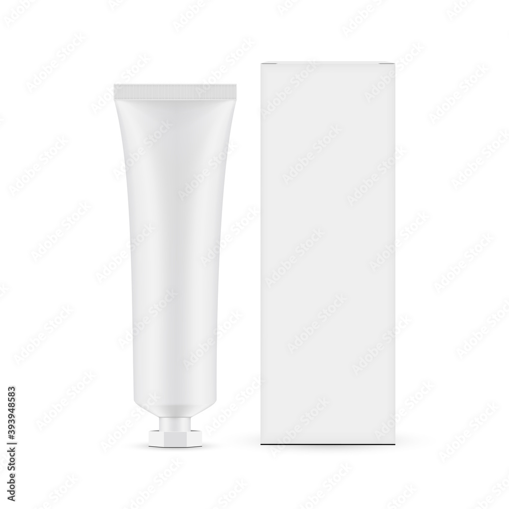 Plastic Cosmetic Tube Mockup With Screw Cap And Paper Box Front View, Isolated On White Background. Vector Illustration