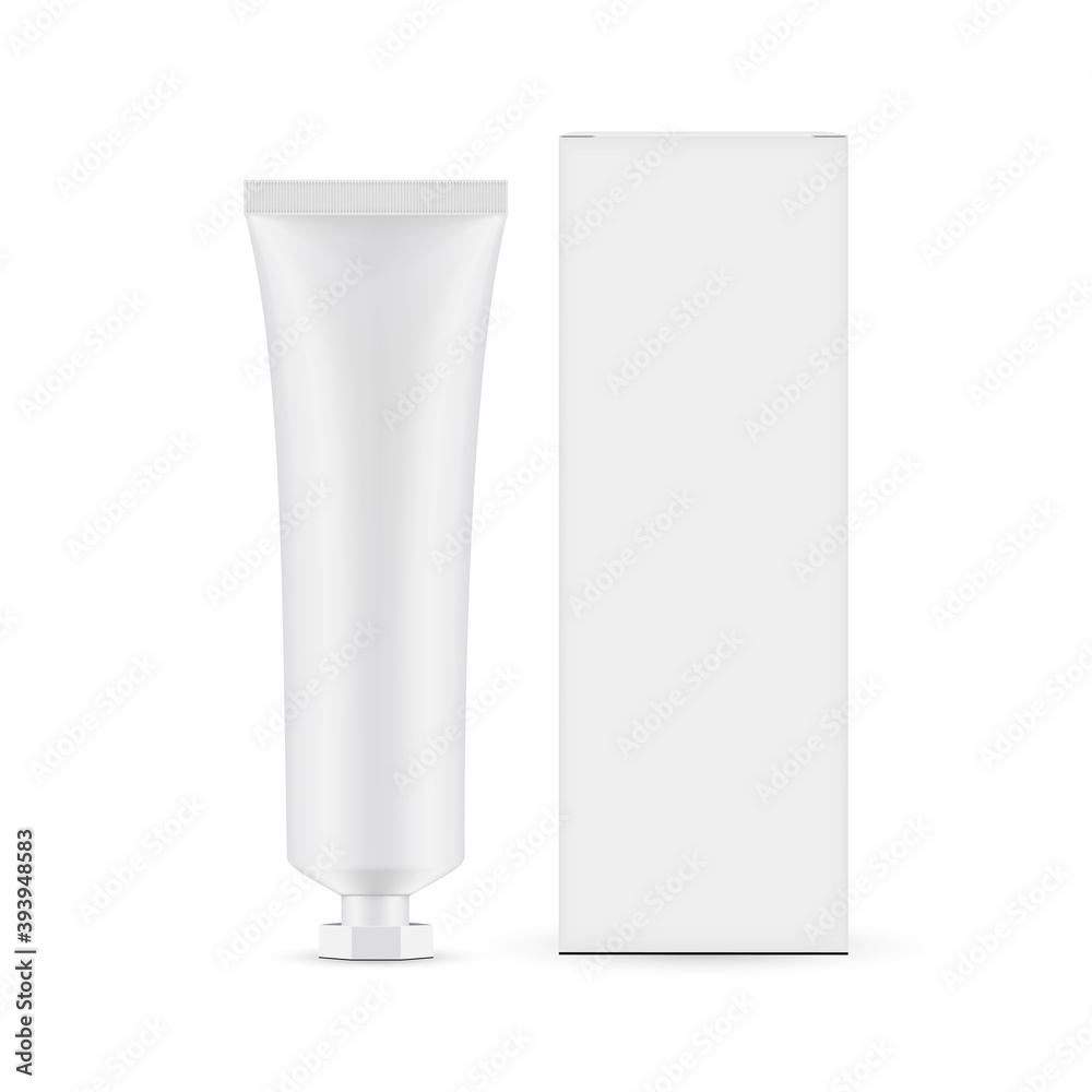 Plastic Cosmetic Tube Mockup With Screw Cap And Paper Box Front View, Isolated On White Background. Vector Illustration Plastic Cosmetic Tube Mockup With Screw Cap And Paper Box Front View, Isolated On White Background. Vector Illustration