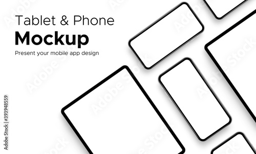 Mobile App Design Tablet Computer and Smartphone Mockup With Space for Text Isolated on White Background. Vector Illustration