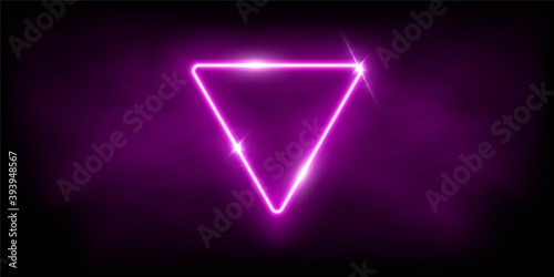 Glowing neon pink triangle with sparkles in fog abstract background. Electric light frame. Geometric fashion design vector illustration. Empty minimal art decoration