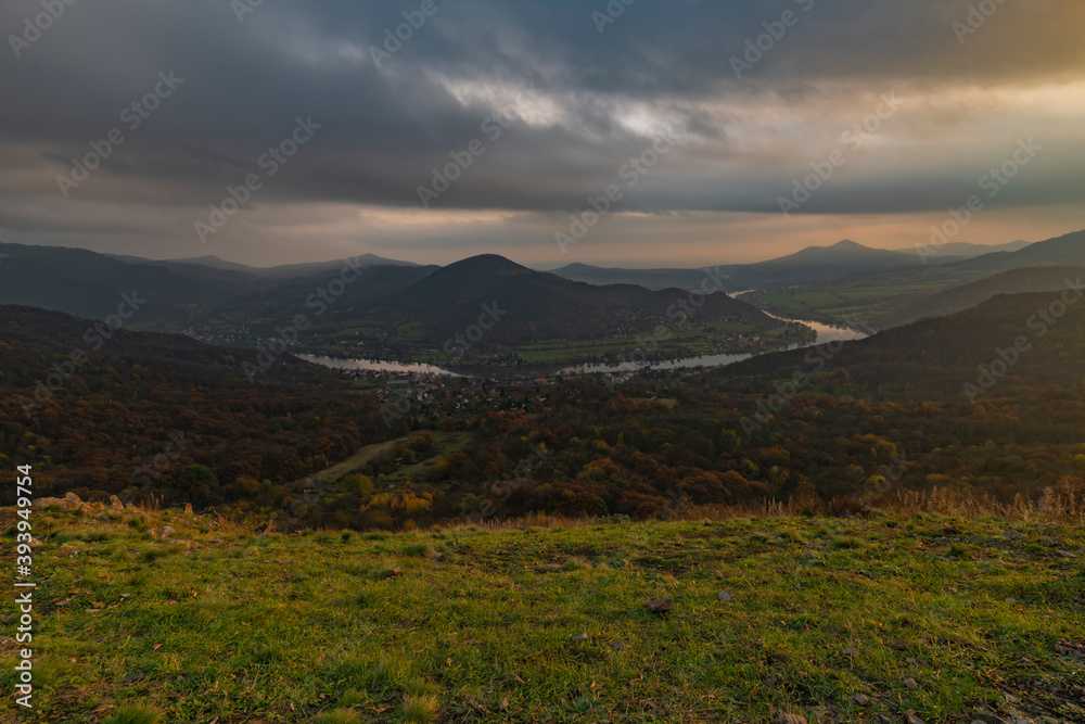 Skalky view point over valley of river Labe with sunset