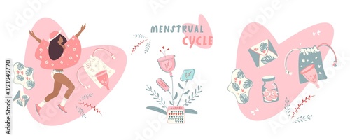 Menstruation theme, menstrual cycle, sanitary cup. Zero waste period. Various feminine hygiene products. Panties, pads, cups. Menstrual protection, feminine hygiene. Vector flat cartoon illustration.