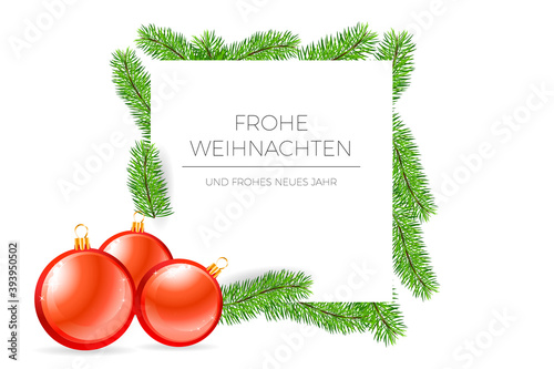 Weihnachtskarte mit Neujahrsgrüßen - Tannenzweige, Blatt Papier und rote Weihnachtskugeln