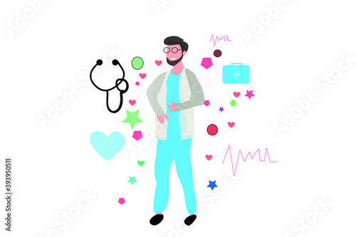 Doctor vector with simple medical icons.