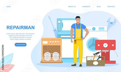 Professional worker in the uniform repair electrical home appliance with tool. Cartoon flat vector illustration. Website, web page landing page template