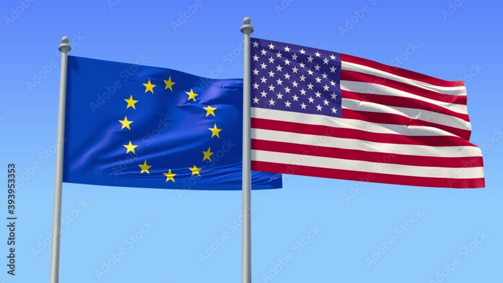 USA and EU flag on flagpole excellent quality. The United States of America and The European Union waving flag in wind. Endless Animation. LOOP / CYCLE Animation. USA and EU flag on flagpole excellent quality. The United States of America and The European Union waving flag in wind. Endless Animation. LOOP / CYCLE Animation.
