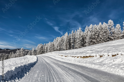 Road in the Altai mountains on a sunny frosty winter day. Altai Republic, Siberia, Russia