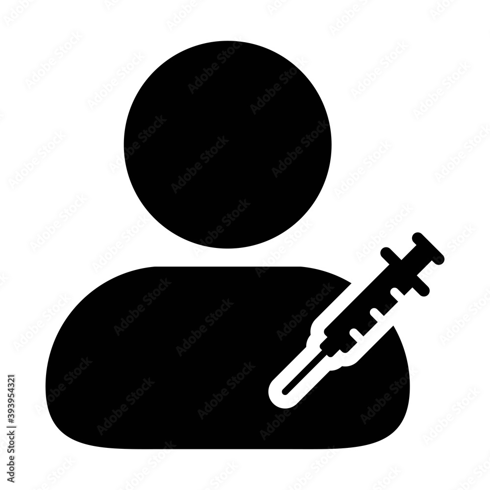 Person icon vector with vaccine syringe male user profile avatar symbol for medical and healthcare treatment in a glyph pictogram illustration Person icon vector with vaccine syringe male user profile avatar symbol for medical and healthcare treatment in a glyph pictogram illustration
