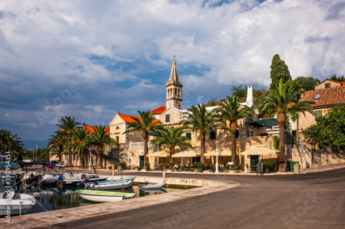 Church in Splitska, village on north side of island Brac in Croatia. August 2020 photo