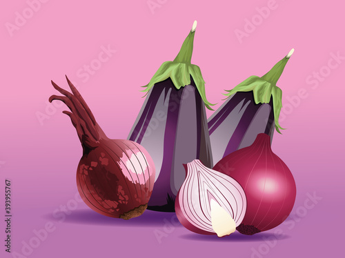 fresh eggplants and onions vegetables healthy icons