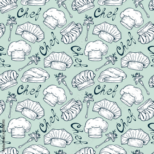 Seamless pattern of Hand drawn Chef Hats and Caps in different shapes. Kitchen background. Culinary concept