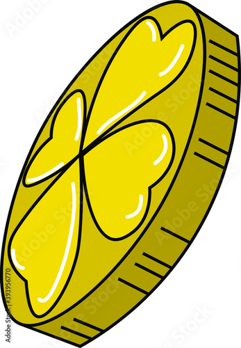 Golden penny coin with four leaf shamrock. Saint Patrick's day vector illustration. St. Patrick day money