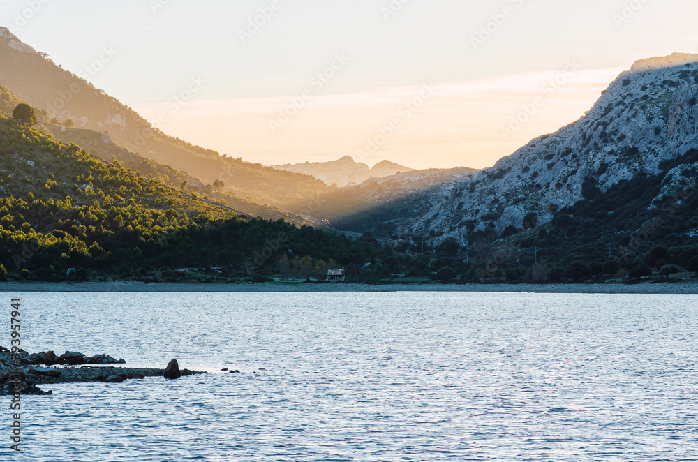 Landscape at sunset in Cuber Majorca. Sunset on a mountain lake. Landscape at sunset in Cuber Majorca. Sunset on a mountain lake.