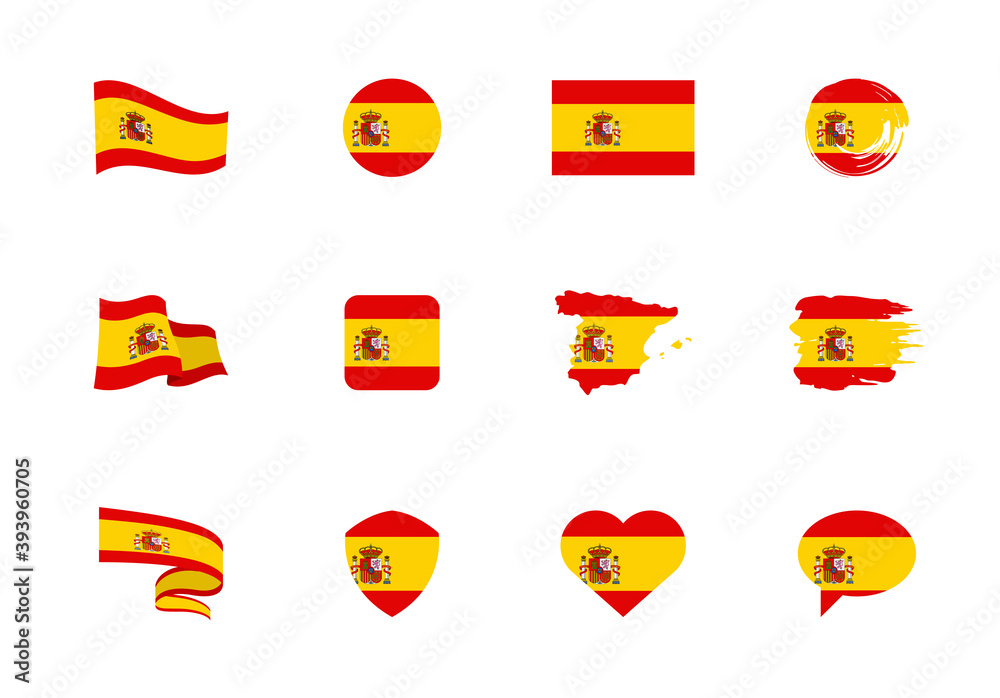 Spain flag - flat collection. Flags of different shaped twelve flat icons. - obrazy, fototapety, plakaty 
