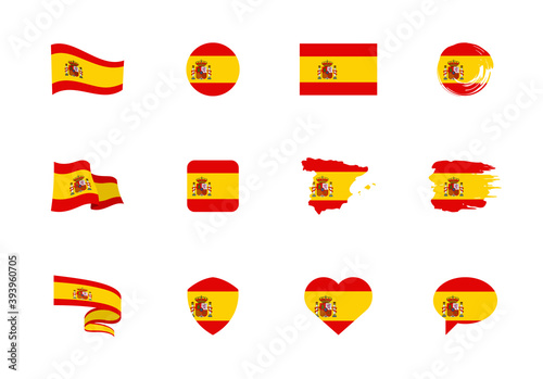 Spain flag - flat collection. Flags of different shaped twelve flat icons.
