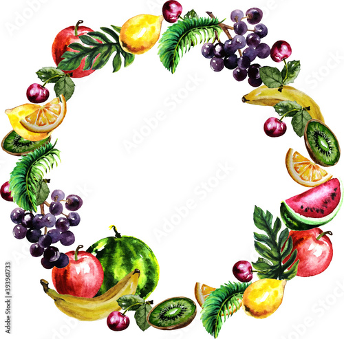 Fruit frame made of watermelon  orange slices  kiwi  juicy cherry  Apple  banana  grapes  tropical leaves.The watercolor frame can be used for juices  menus  postcards  banners  designs.  textiles.