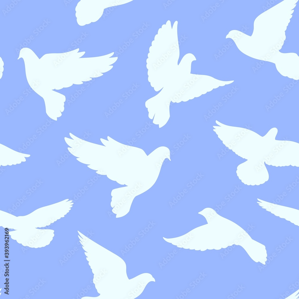 Fototapeta premium Seamless pattern with doves on a blue background. Vector illustration