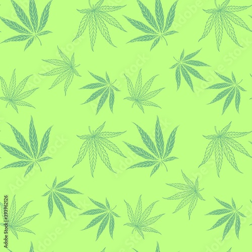 Marijuana leaves on a green background. Seamless pattern for print and website. Vector illustration