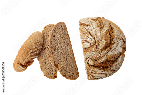 Fototapeta Fresh baked cutting loaf of rye wheat bread isolated on white background