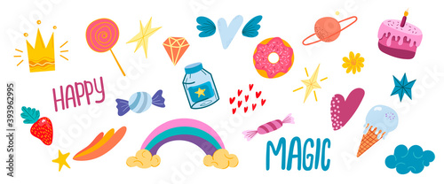 A set of vector illustrations with hearts, stars, candies, rainbows, inscriptions, and other elements for children. Vector illustration isolated on a white background. A set of labels, packaging
